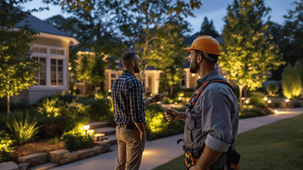 Delaware Residents & Businesses Can Enhance Outdoor Environment with Quality Landscape Lighting 1 electrician talking to a customer after installing landscape lighting